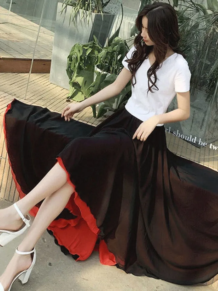 2024 letné ženy šifónové dlhé sukne sukne A-line Ženy elastické sukne s vysokým pásom maxi sukne elegantné pevné sukne femme streetwear