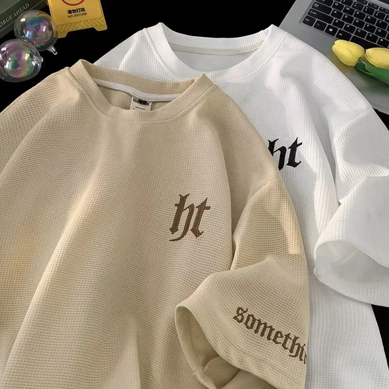 2024 Letný list Vyšívaný vafle Tričko Pánske vintage Streetwear tričká s priedušným tričkám s krátkym rukávom