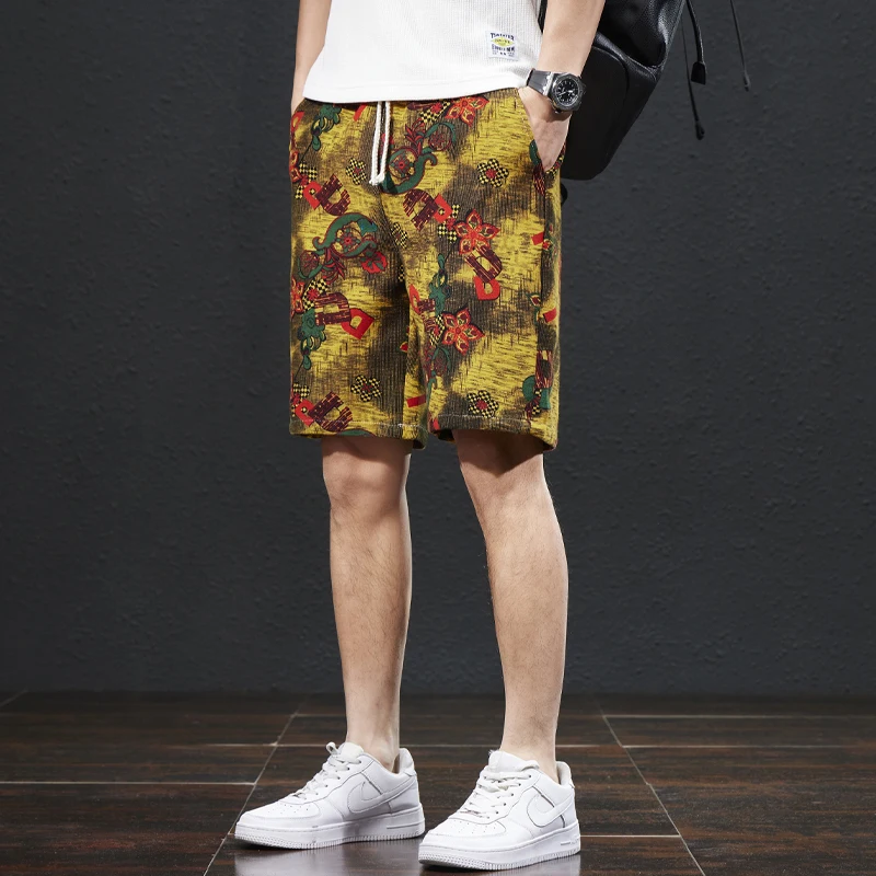 2024 Letný nový čínsky štýl tlačený plážový nohavice Pánske voľné trendy Capris Street Leisure Outdoor Thorts