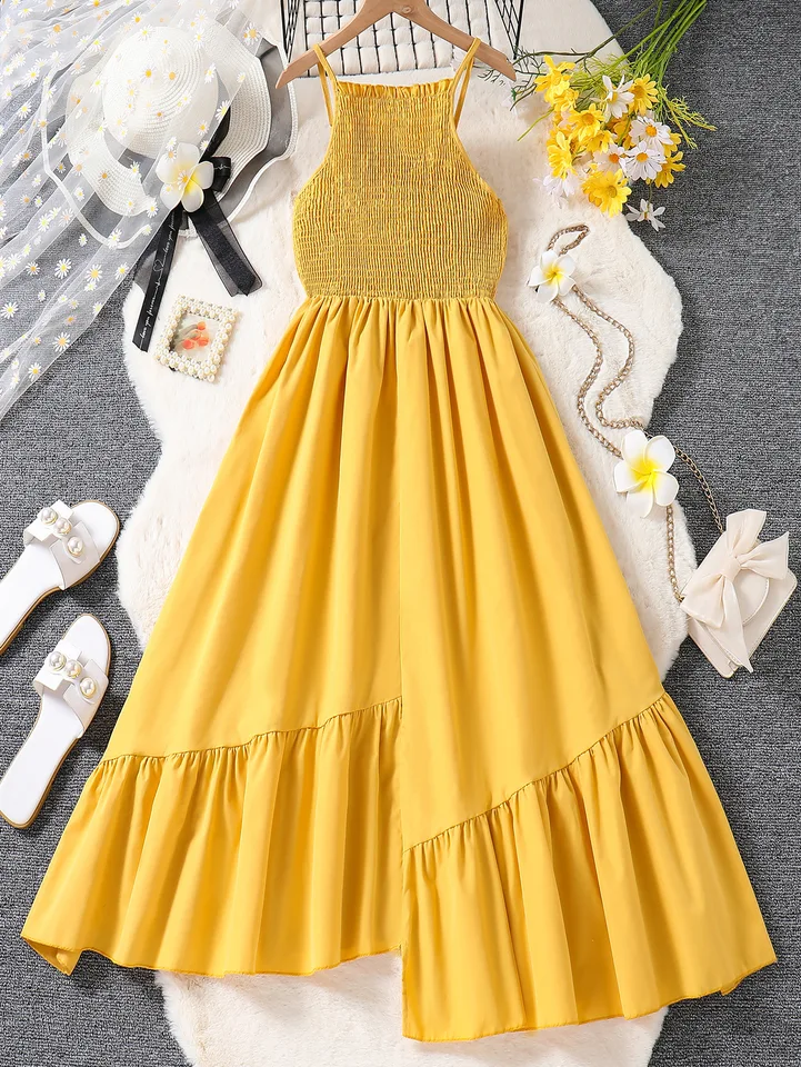 2024 leto Nový príchod dievčat bez rukávov Rufles Ruched Yellow Cute Dress Infantil Menina roztomilé párty šaty Custume 8-12T