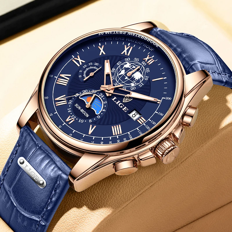 2024 Lige New Blue Leather Mens Watches Top Brand Luxusné vodotesné hodinky pre mužov Športový dátum Quartz náramky rellogio maskulino