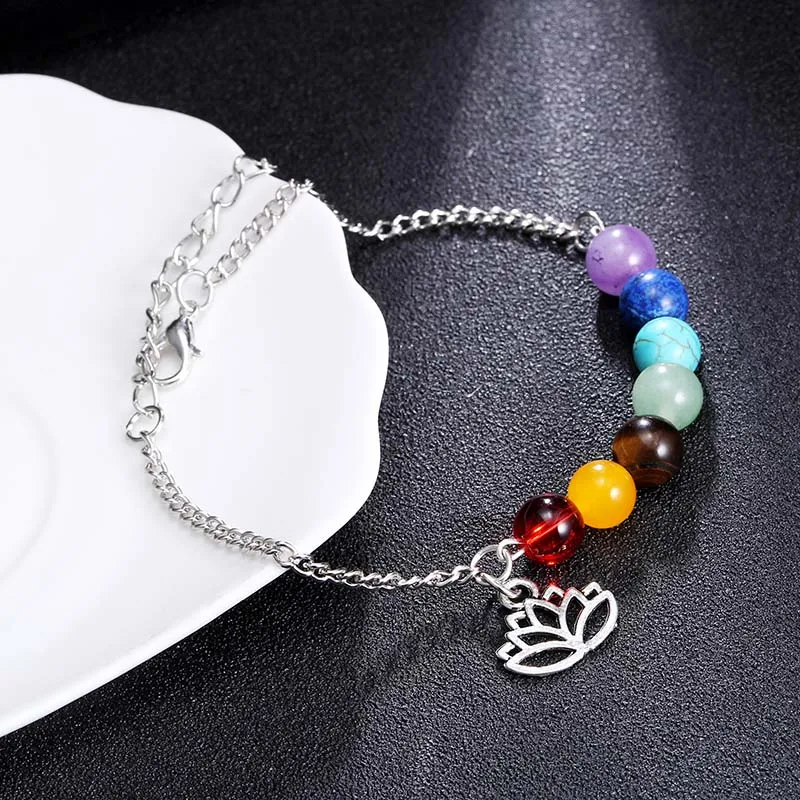 2024 Lotus Charm Om 7 Čakra korálky náramky Anklet for Women Strieborná farebná retiazka Modlite