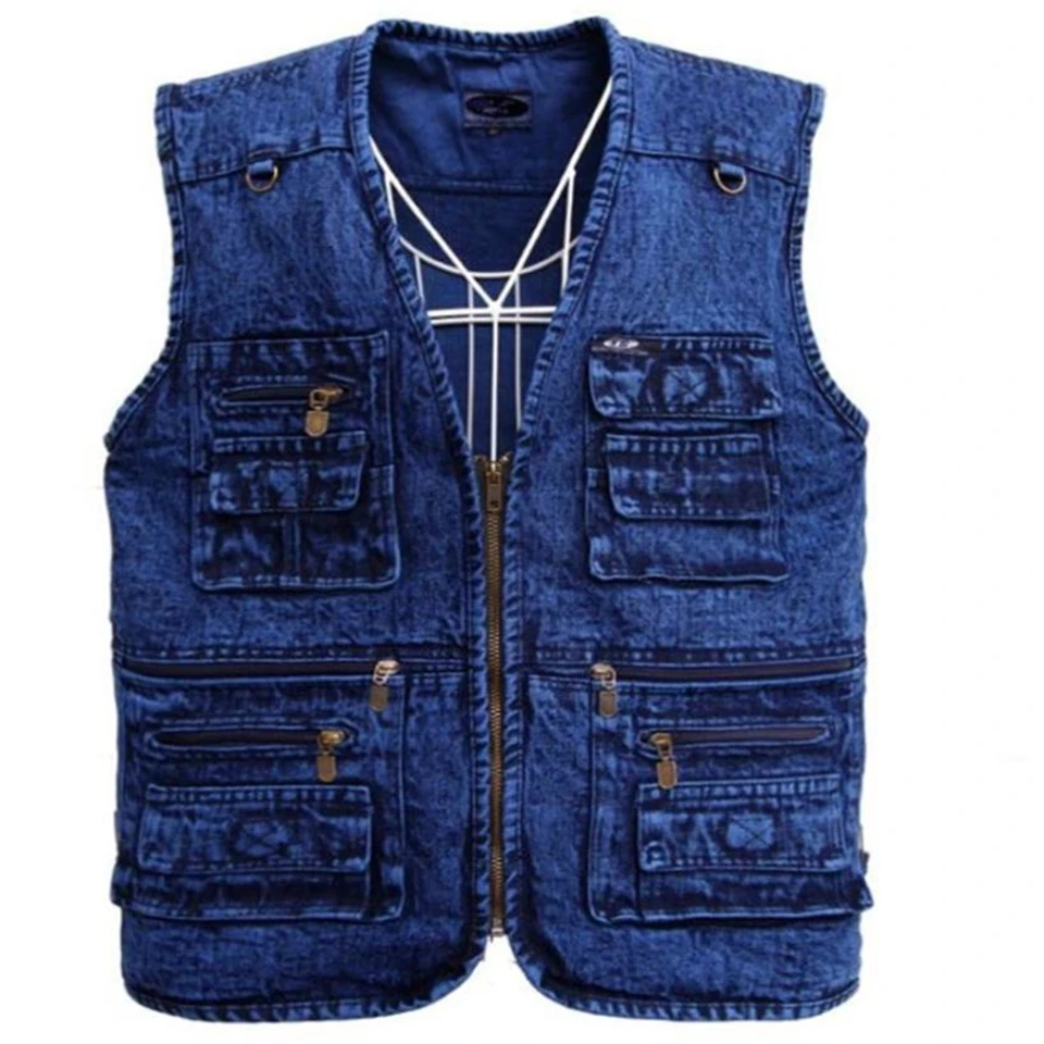2024 Muž Viac ako vrecko Zvýšenie pružinových vesty Jesenné vesty Denim Denim Denim Denim Batchets Cotton Gilet Tactical 5XL