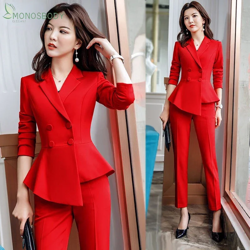 2024 Módna kancelária Lady Uniformy Obchodné práce Noste elegantné nohavice obleky Ženy 2 kusy nastavené Formálne nohavice Blazer Sety Žena