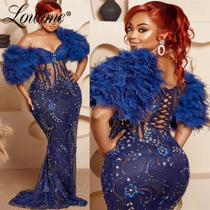2024 Navy modré perie morská panna Aso EBI Crystals Prom Dress Slifined Lace Forral Evening Formal Party Druhé recepcie Šaty