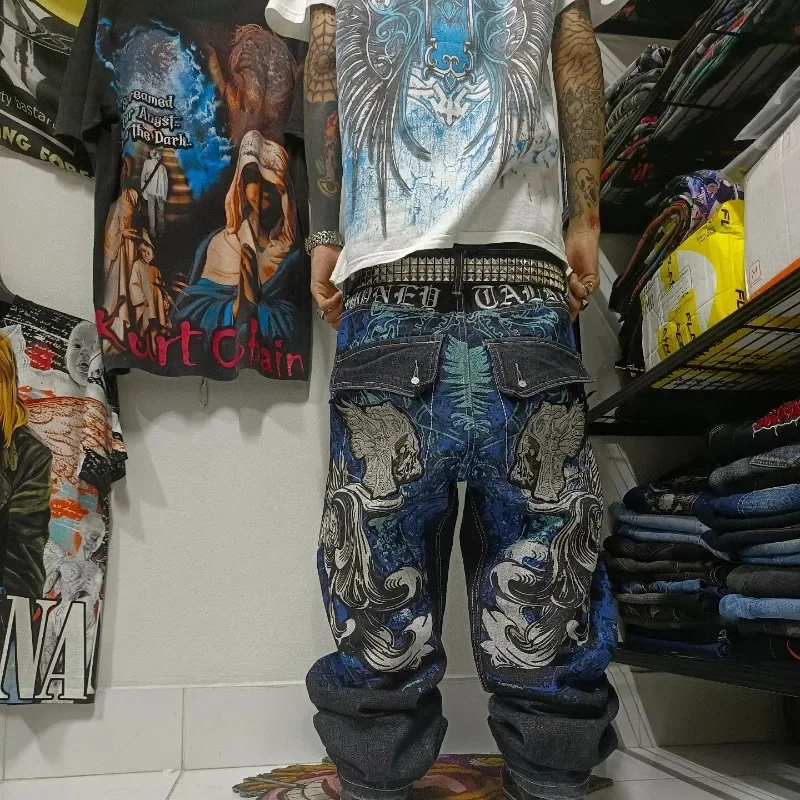 2024 New American Harajuku Vintage Print Džínany Y2K Ženy umyté sivé rovné nohavice ulica Gothic Loose Unisex Tousers Tide