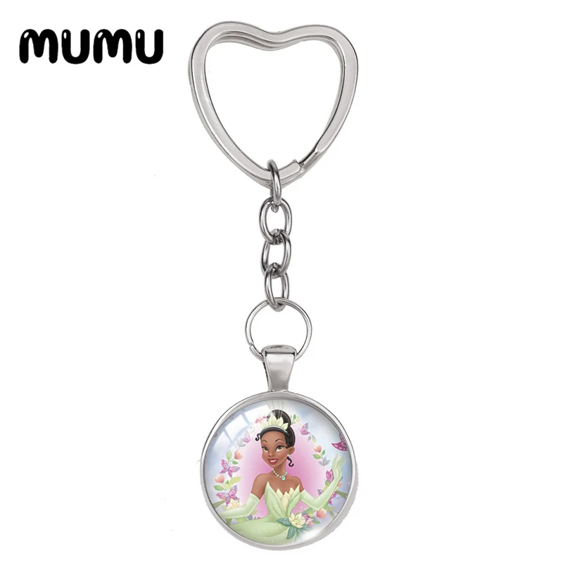 2024 New Tiana Heart Keyring The Princess and Frog Keychain Glass Dome Cabochon Jewelry Gifts Deti