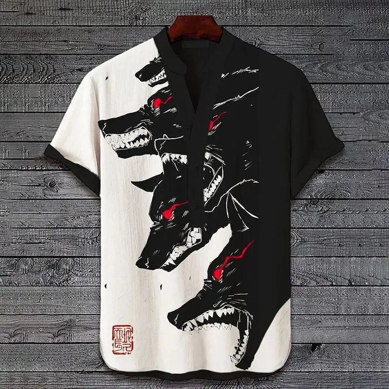 2024 New V Brck Fashion Casual Henry Cardigan Retro gombíky Pánske letné V letné košeľa tričko 3D tlačené pánske krátke rukávy plus veľkosť