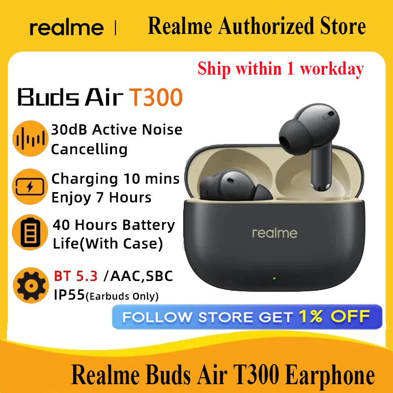 2024 NOVINKA Realme Buds T300 True Wireless Zarhone 30dB aktívny hluk Bluetooth 5,3 TWS ZADE 40 hodín Životnosť batérie