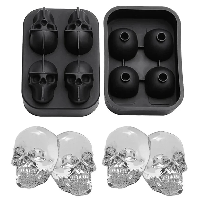 2024 Nová 3D lebka Ice Cube Tray s lievikom Flexibilný 4 dutiny výrobcu plesní kocky výrobca zmrzliny Nástroje