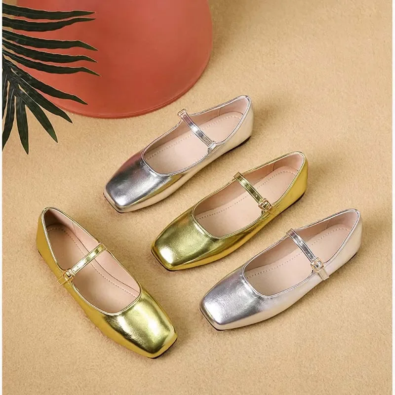 2024 Nová jesenná elegantná elegantná žena štvorcová špička Lolita Lady Barefoot Boat Gold Flats Elegantná mäkká jediná balerína Party Mary Jane Shoes