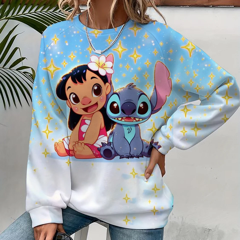 2024 Nová karikatúra Disney Cute Lilo & Stitch Ladies Mikina posádka Krck Loose Pullover Autumn Fun