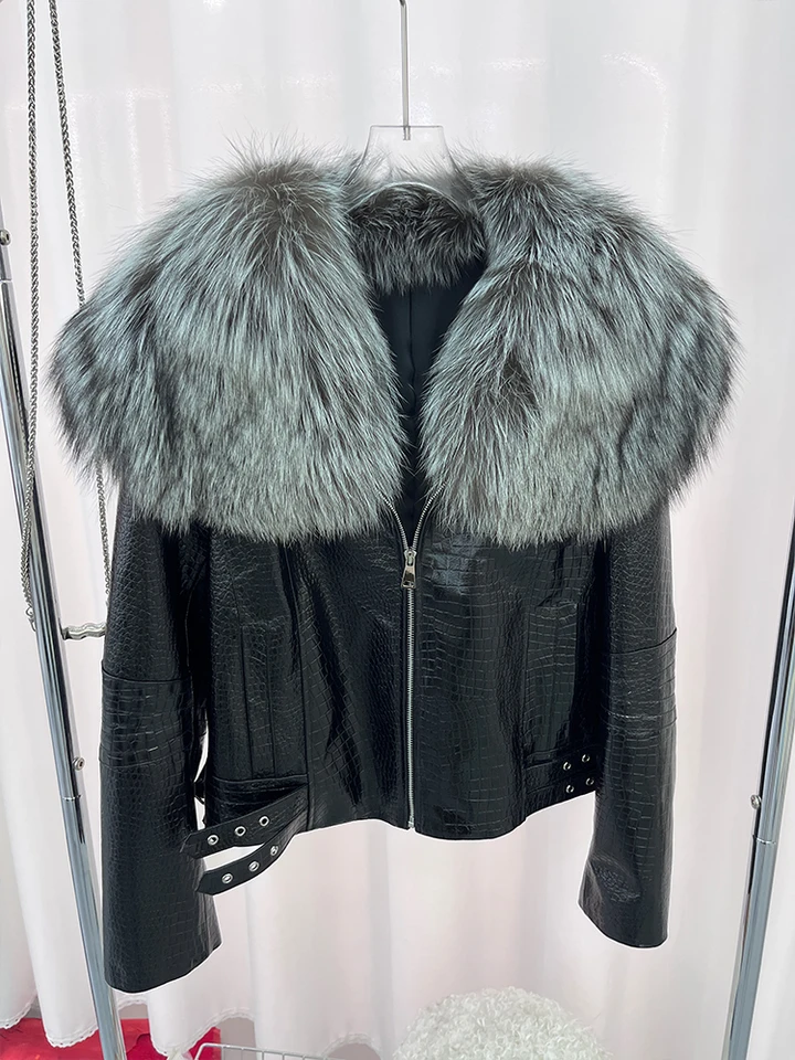 2024 Nová prírodná líška Fox Curlar Coat Dámsky originálny ovčie kožená bunda Luxusný zimný kabát Vonkajšie oblečenie Ženský kabát