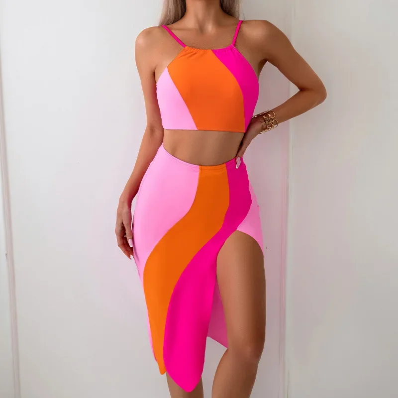 2024 Nové 3 kusy Set plavky Dámske dong plavky sexy bikiny s vysokým krkom s sarong sukňou plážové oblečenie ružové