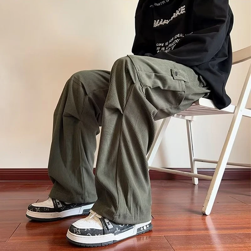 2024 NOVÉ CORUROY CARGO PANTS Men Y2K Vintage Baggy Wide-Leg nohavice Rovná ležérna ulica Army High Street Green Pantalones Hombre