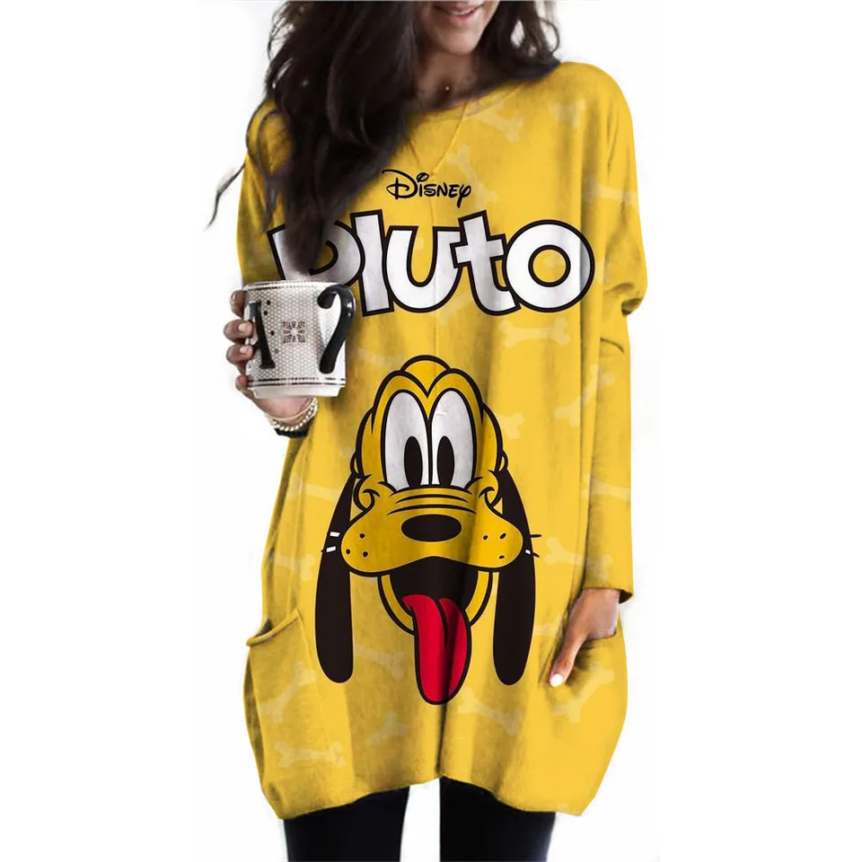 2024 Nové dámske neformálne s dlhým rukávom O-Neck Disney Goofy tlačené tričko Vysoko kvalitné pohodlné oblečenie