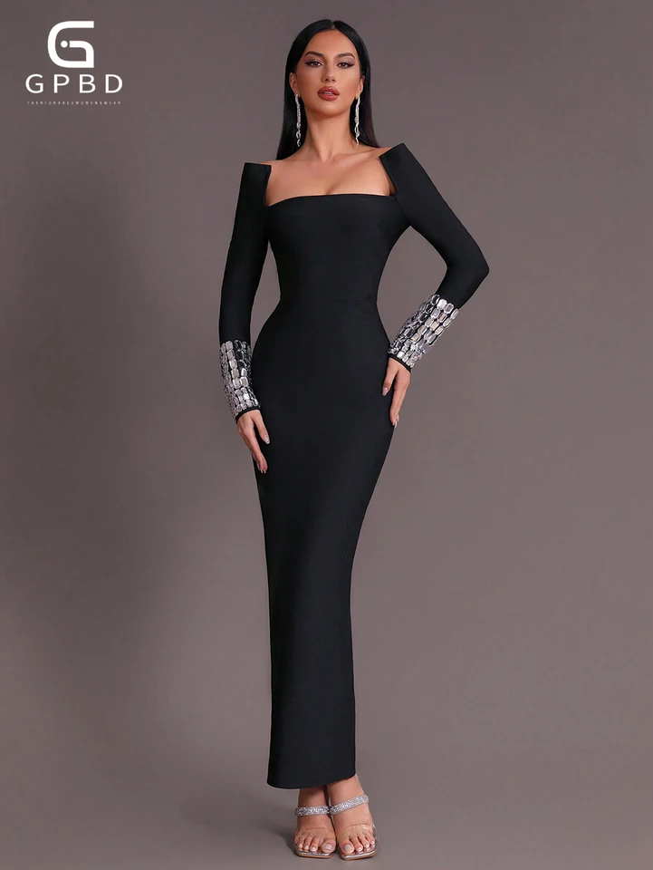 2024 Nové dámske čierne sexy štvorcový krk s dlhým rukávom Diamant Diamant Dlhé obväzovanie Elegantné celebrity večierky Večerné šaty