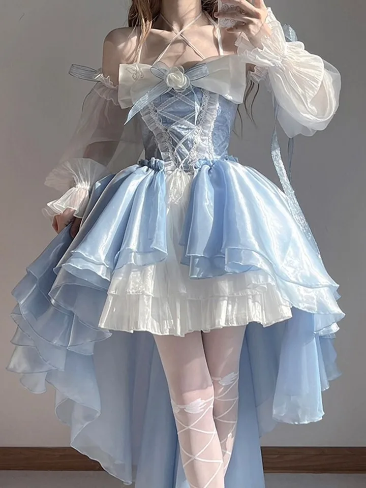 2024 Nové francúzske romantické lolita elegantné šaty nepravidelné cosplay princezná obrus rukávový kvet