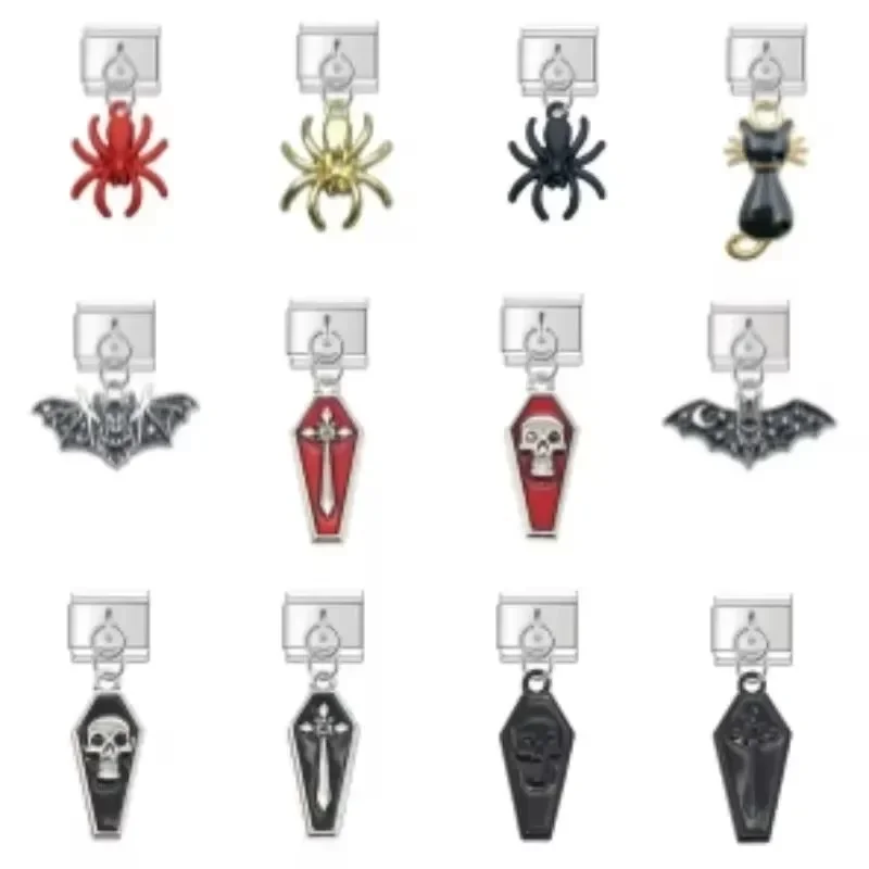2024 Nové Halloween Elements Spider lebky elastické kúzla Talianske spojenia Fit 9mm Modulárny náramok z nehrdzavejúcej ocele DIY šperky