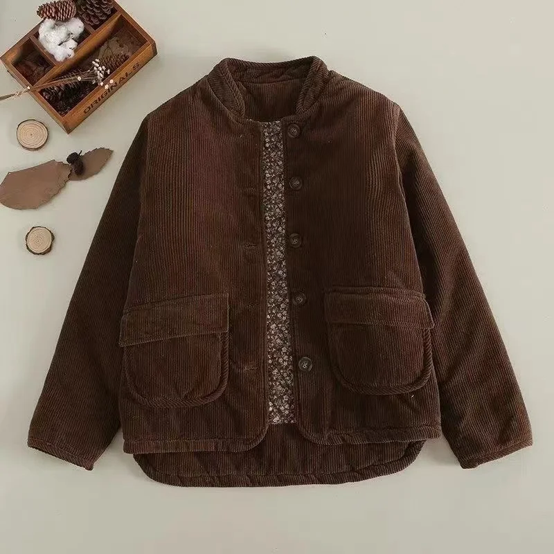 2024 Nové jesenné zimné ženy Corduroy Parkas Vintage Literárny stojan golier bavlnené samičie bundy prešívané