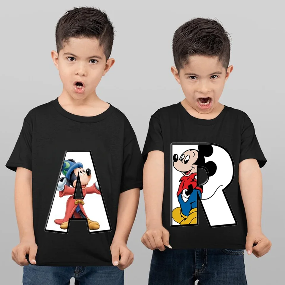 2024 Nové letné písmeno Kombinácia Deti Vysoko kvalitné tričko Disney Mickey Mouse Font Abcdef Krátke rukávy Detské tričko
