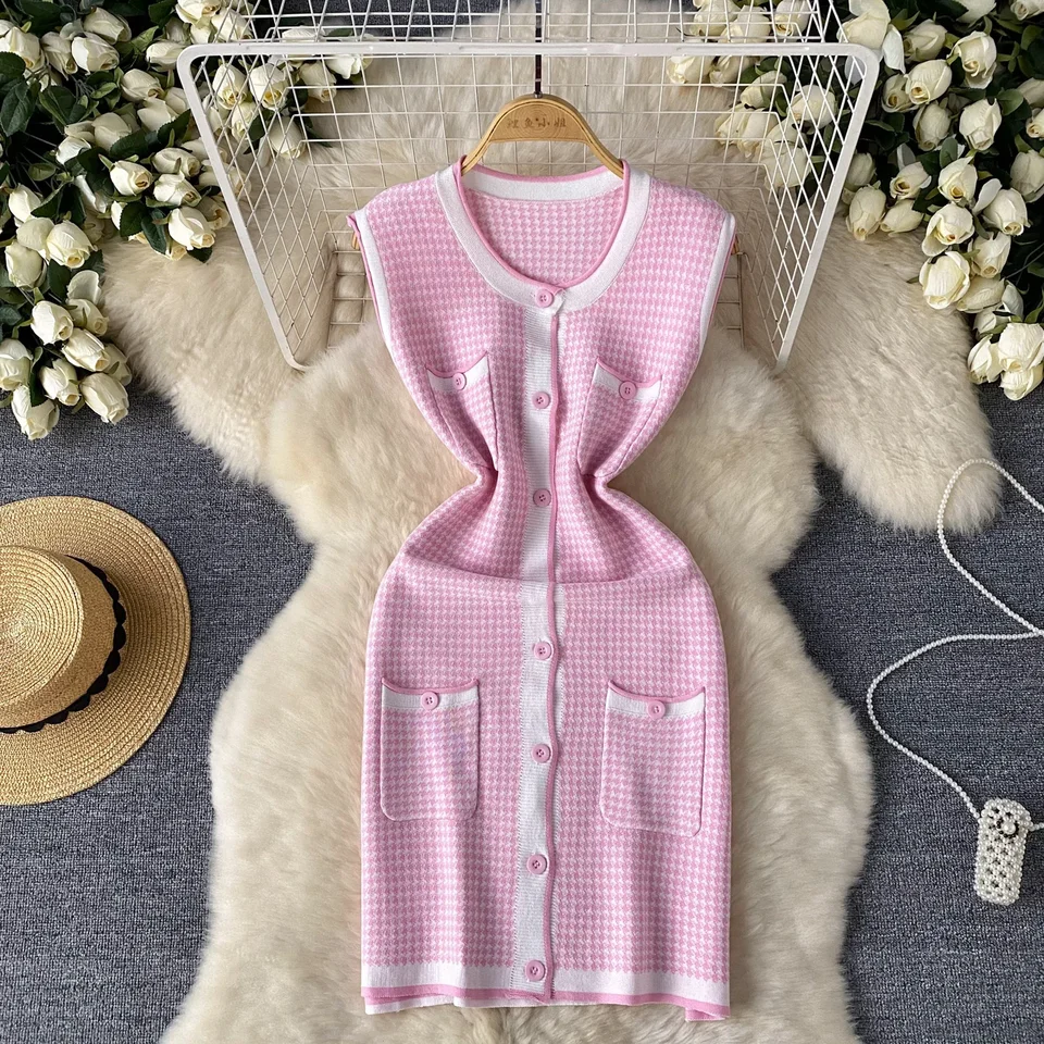 2024 Nové letné ženy Houndstooth Plaid Plaid Dress Dress bez rukávov bez rukávov s jedným prsia