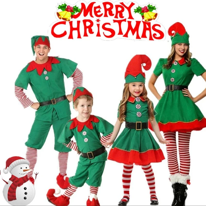 2024 Nové vianočné kostýmy pre deti a dospelých vianočných škriatkov, kostýmy Santa Claus Green Elf, Cosplay Halloween Costume Set