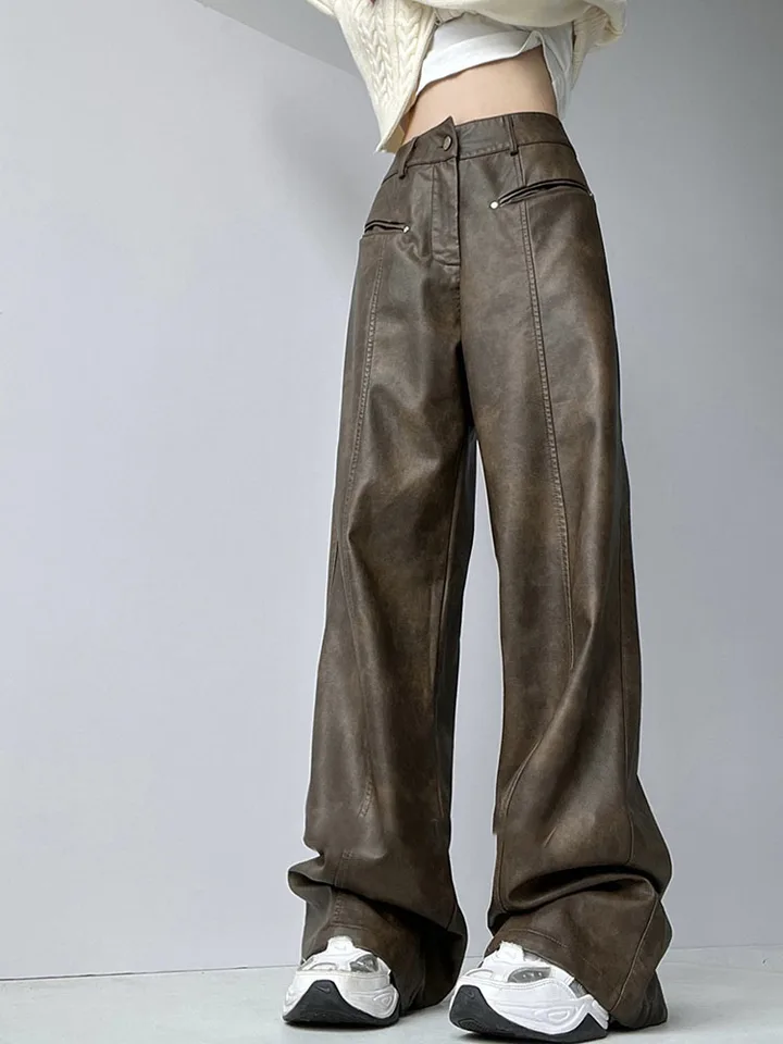 2024 Nové vinobranie hnedé kožené nohavice Grunge 2000. s nízkym vzostupným vreckami Patchwork Baggy Pu CARGO PANTS Dám