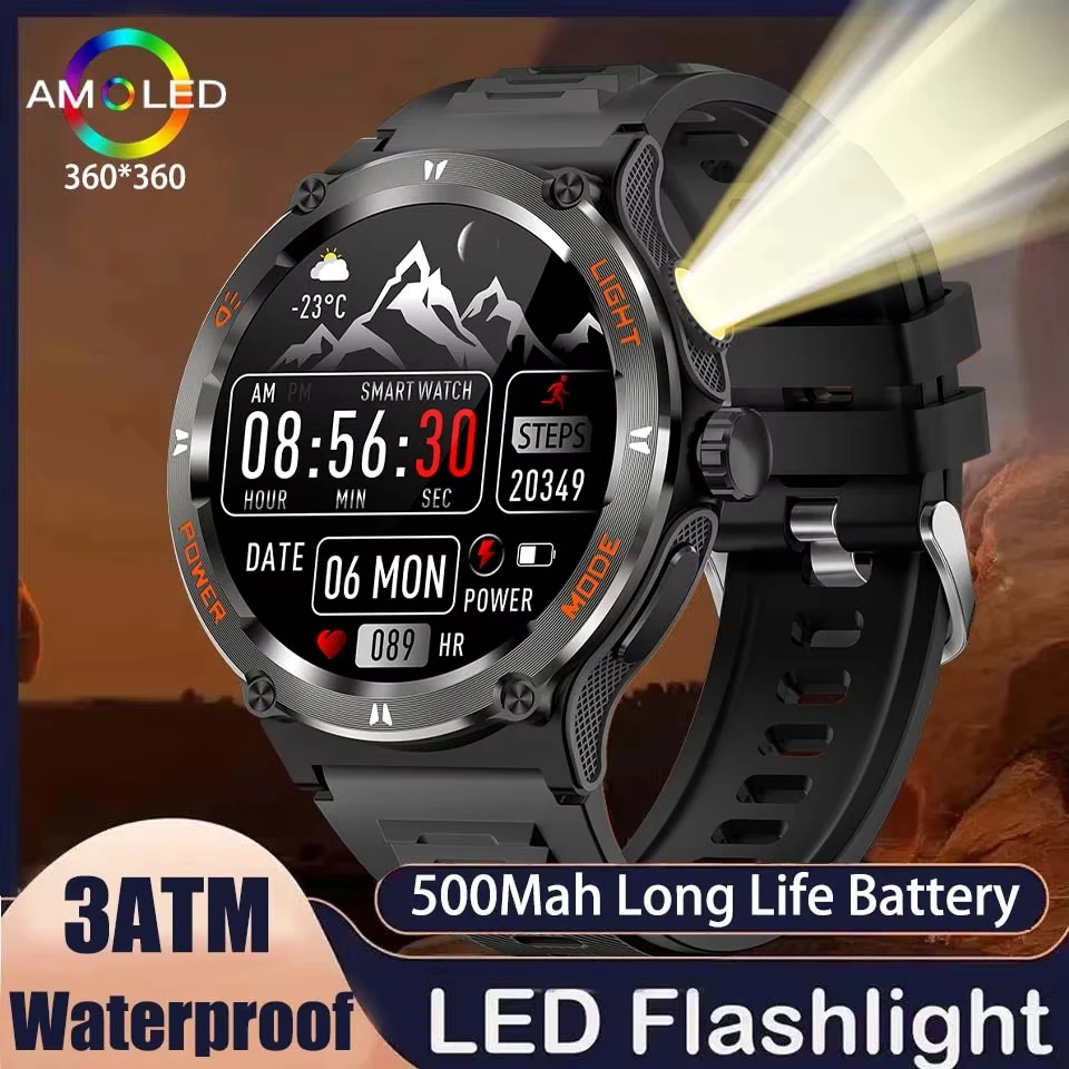 2024 Nové vonkajšie vojenské baterky GPS Smart Watch Man AMOLED HD SCRES SCRES SRDCETY