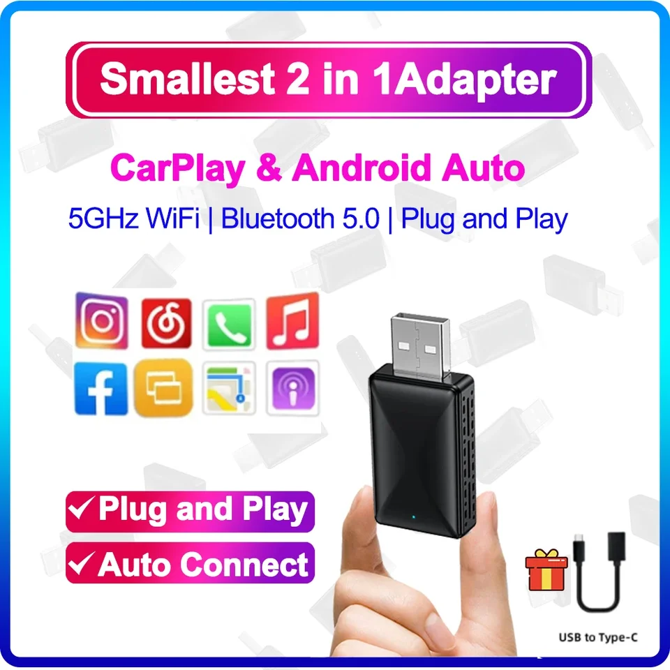 2024 Nový 2in1 bezdrôtový Android Automatic Adapter Wireless Apple CarPlay AI Box USB Mini Dongle pre Audi VW Benz Honda Ford