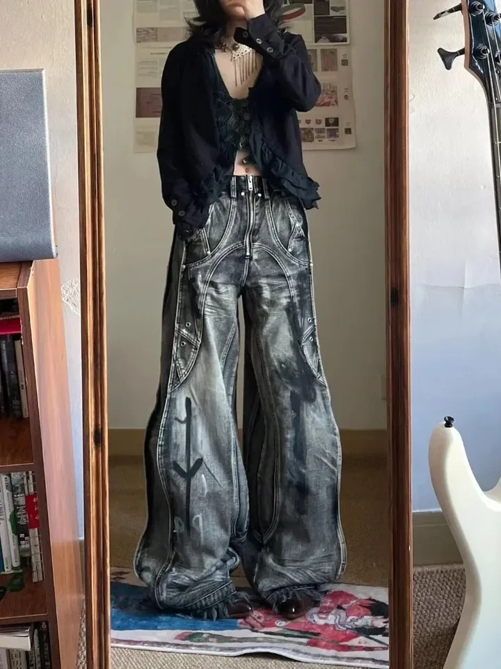 2024 Nový americký retro hip-hopový módny pruhovaný graffiti džínsy Y2K Harajuku punk gotické gotické nohavice na ulici pouličné džínsy