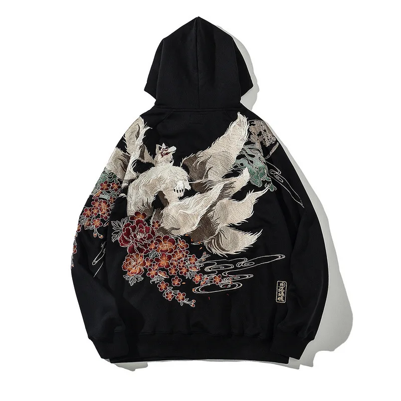 2024 Nový japonský štýl líška Výšivka Čierna mikina módne muži Harajuku Streetwear pullover mikina čínska vintage mikina