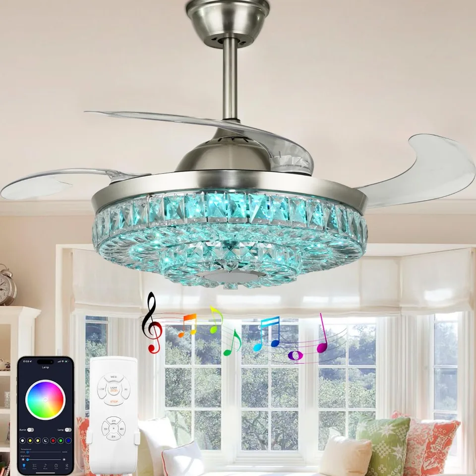 2024 Nový moderný stropný ventilátor s ľahkým a vzdialeným, inteligentnými Bluetooth Fandelier s stmievateľným hudobným reproduktorom RGB Colors