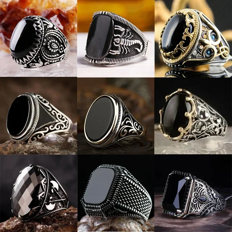 2024 Nový módny punk Turecko Vintage Rings for Men Geometric Black Vhodný na výročie večierku Svadba Špičkový luxus