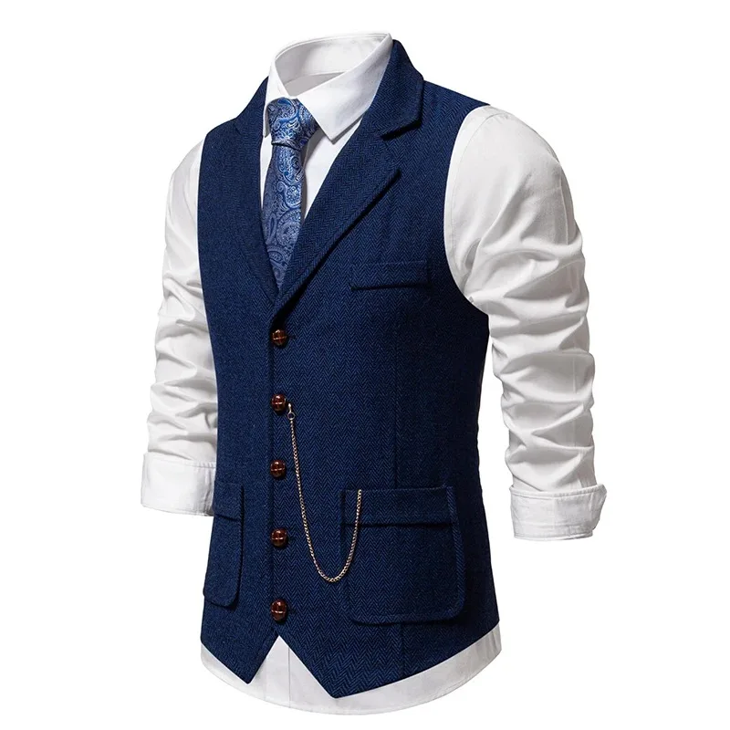 2024 Nový oblek vesty Pánske mužské hrubé tvídové retro klope Business Casual Vest Reťaz dekorácie