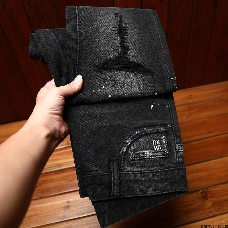 2024 NOVÝ RIPPED Čierna šedá splash-mlžinko-džínsy Pánsky trend Trend Slim Fit Scrap Patch Populárne pánske kvalitné nohavice