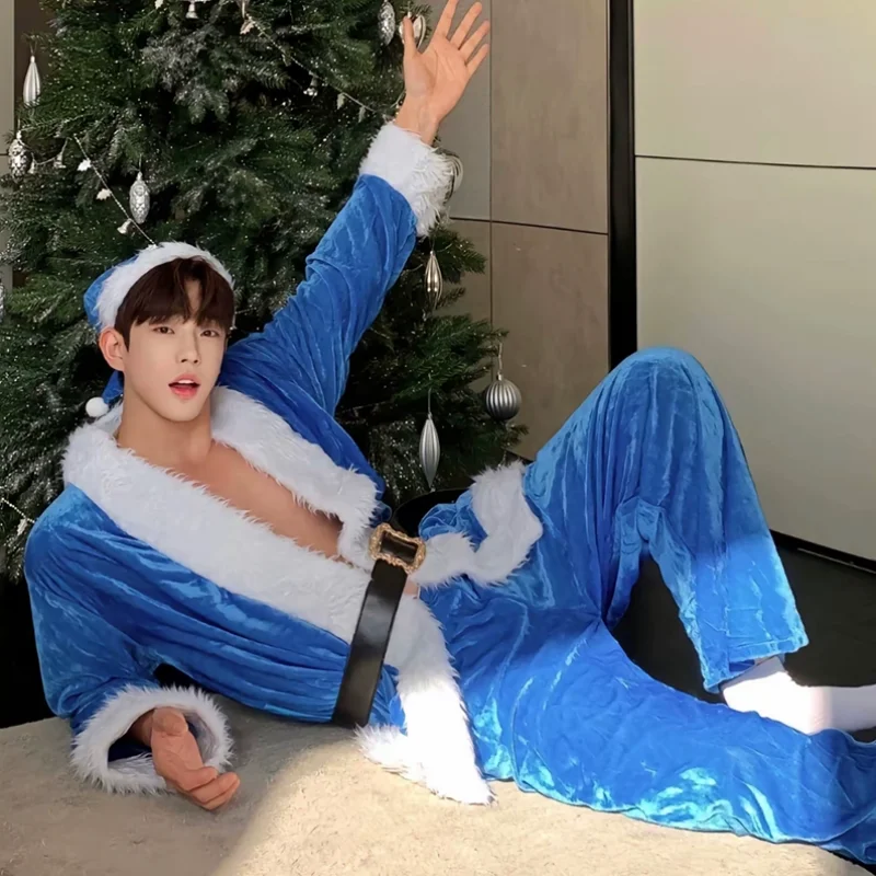 2024 Nový rok Modré vianočné odevy Santa Claus Kostým pre dospelý Santa Suit s klobúkom Men Woman Cosplay Halloween kostýmy