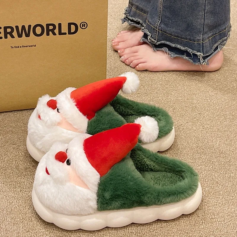 2024 Nový roztomilý Santa Indoor Home Warm plyšové papuče Baotou Cotton Plippers Dámska zima vhodná na vianočnú dekoráciu