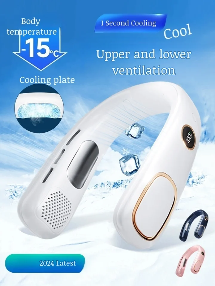 2024 Nový ventilátor bez listových krku 360 ° 360 ° zábava USB Mini prenosná nabíjateľná digitálna displej vonkajší darček pre malé ventilátor