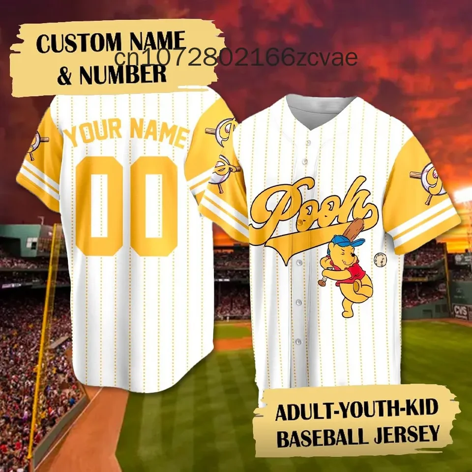 2024 Nový vlastný Disney Winnie the Pooh Baseball Jersey Pánske a dámske neformálne baseballové košele Baseball