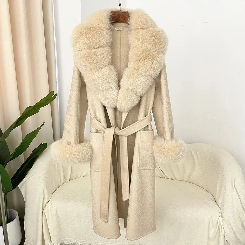 2024 Nový vlnený kabát vlna Dámy Prírodné líšky kožušina Skutočný kožušina Zimná bunda Lady pás teplý kabát Street Wear
