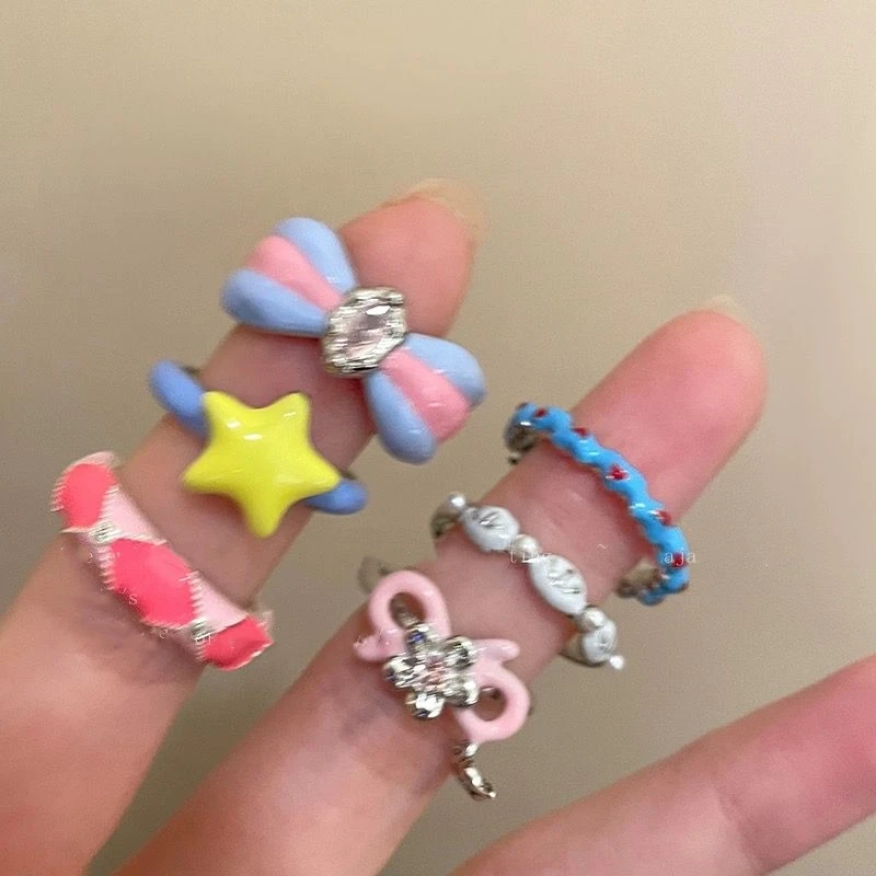 2024 NOVÝ Y2K Colorful Star Bowknot SHAPLESTONE PERL RING Dámsky roztomilý roztomilý hip-hop Cool Girls Ring Estetické šperky Veľkoobchod