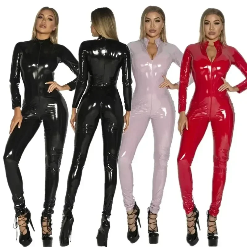 2024 Open Crotch Latex BodySuit for Women Clubwear Leskiny Pu Leather Long Ruckve Sucksuit s zipsom sexy oblečenie