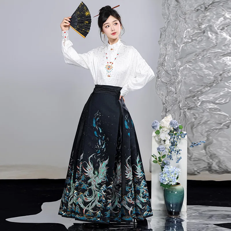 2024 Original Hanfu Half High Collar Tirl Top Imation Makeup Flower Horse Face Suit Suit Y03