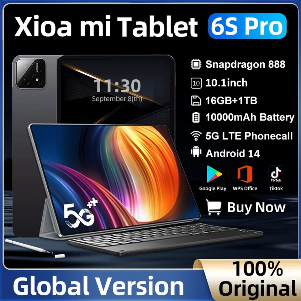 2024 Original PAD 6S Pro Snapdragon 888 Tablet PC 10000MAH Android 14 10.1inch 16 GB 1TB 5G Dual SIM Card HD 4K Screen Tablet PC
