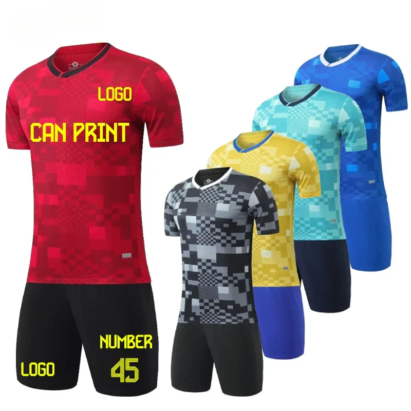 2024 Plaid Tlač futbalových dresov Men Dieťa Red Black Blue Futbal Custom Uniforma Priedušné thajské kvalitné športovéwears