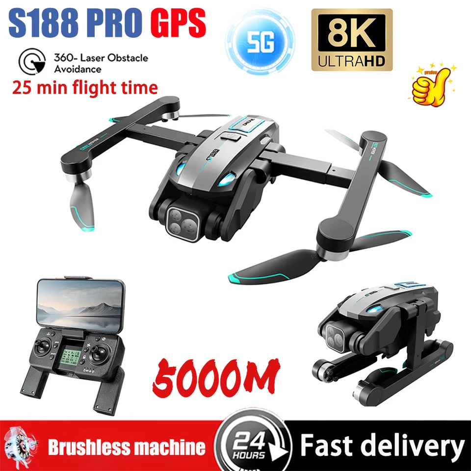 2024 S188 DRON GPS 8K HD Tri fotoaparát 5G FPV GPS+ Optický tok polohy 360 ° Prekážky vyhýbanie sa leteckým štvorosovým hračkám