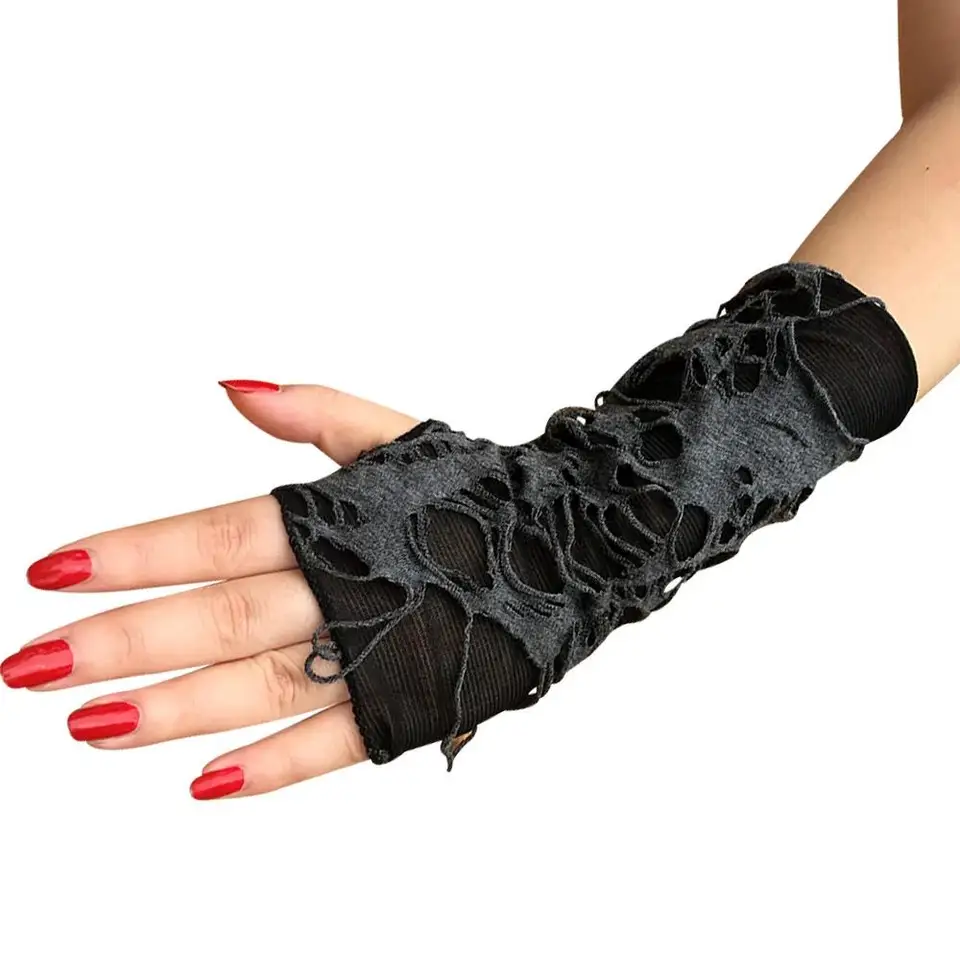 2024 Sexy gotické čierne čierne bez prstov dlhé rukavice Halloween žobrákov Y2K Hole Punk Dark Cosplay