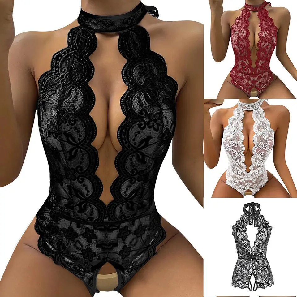 2024 Sexy Lingerie Lace Erotic pre ženy Halter Lace Lace Babydoll Crotchless Underwear Robe Teddy Bodysuits Perspektíva