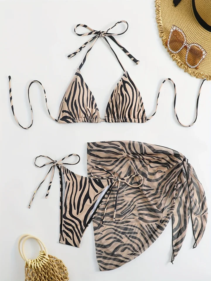 2024 Sexy tri kusy Bikiny súpravy Ženy Summer bikiny so sarongovými sukňami ženské plavky Leopard Tlačené plavky
